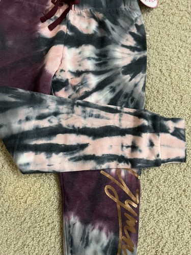 Justice Tie Dye Joggers Pants Size 8 Yrs (Left Leg Print Gymnast In Gold) Cute! - Picture 7 of 11