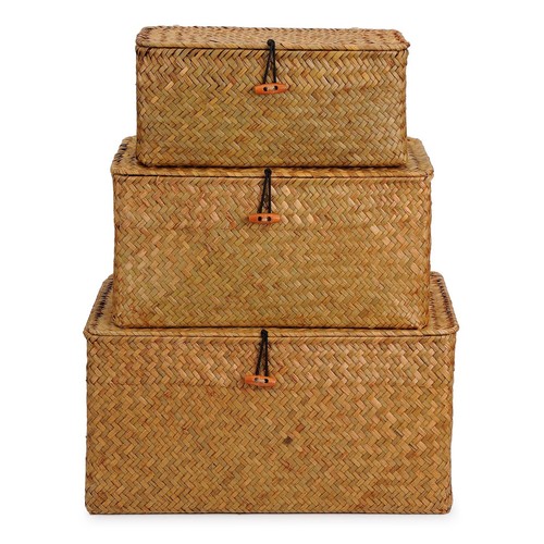 Woven Wicker Storage Bins With Lid Seagrass Basket For Shelf Organizer Extra Lar - Picture 2 of 5