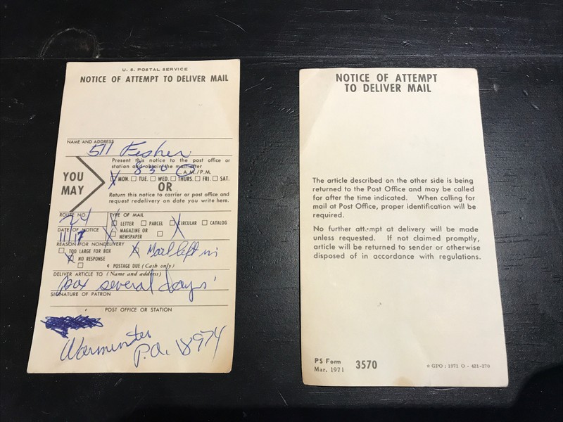 (Lot of 2) Vintage Antique Notice Of Attempt To Deliver Mail Used US Postal 1971
