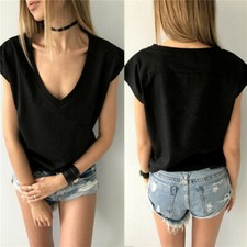 Women V Neck Cap Sleeve T-Shirt Summer Basic Tee Blouse Tops Loose Casual Shirts