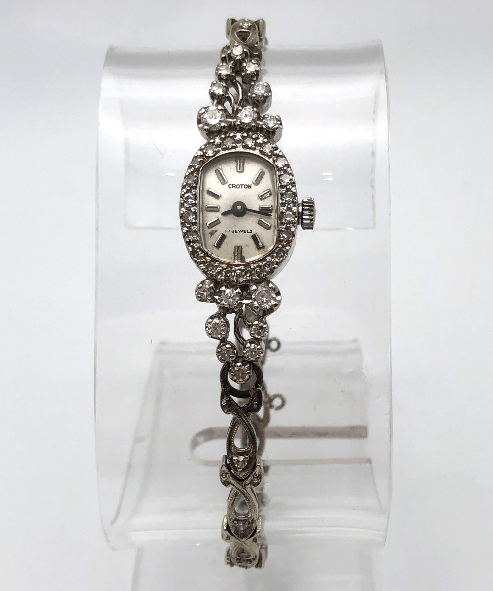 14k White Gold Vintage Ladies Croton Watch set with 1.00ctw
