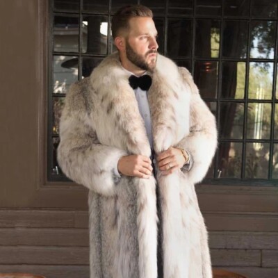 Mens Fox Fur Trench Coat Long Leopard Print Imitation Fox Fur Warm Thicken  Coats
