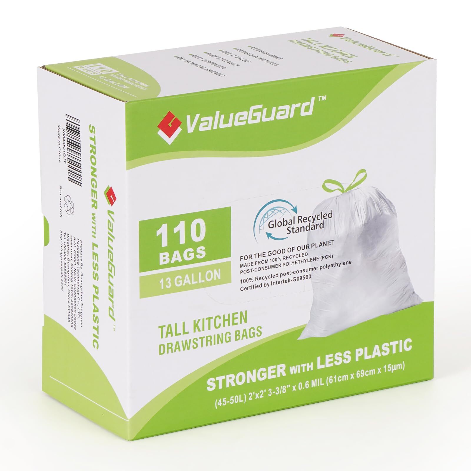 Large Trash Bags 13 Gallon Tall Kitchen Drawstring 100% Post-Consumer Recycle...