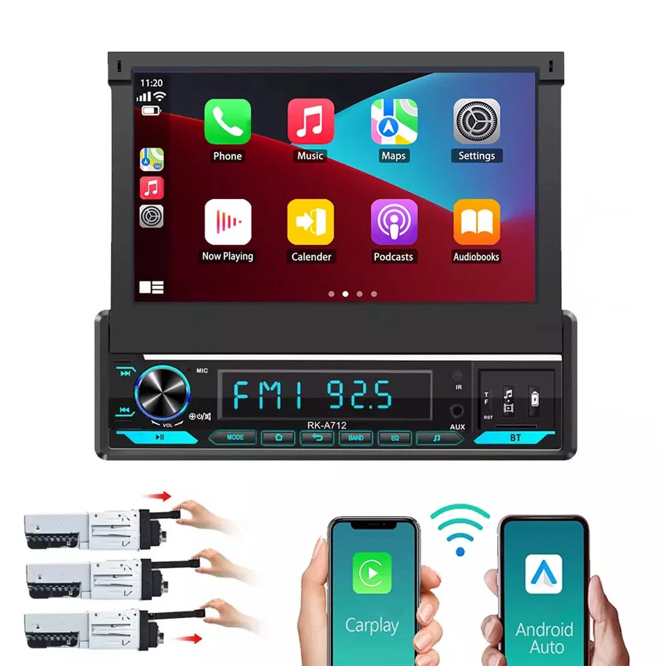 REAKOSOUND Single 1 Din 7" Flip Out Car Radio Stereo Android/Apple Carplay Bluetooth