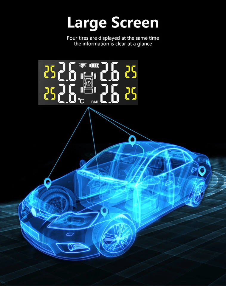 Car Tire Pressure Monitoring System Solar Powered Wireless Sensor Waterproof - Изображение 4 из 4