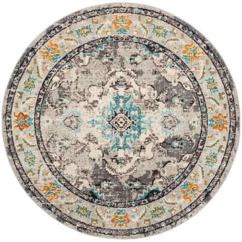 6 Round Rug Boho Area Vintage Style Carpet Grey Blue Decor Oriental Floral Retro - Picture 2 of 3
