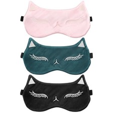 Cute Cat Silk Satin Eye Mask - 3Pcs Women's Blackout Blindfold with Elastic