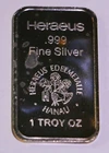 1 Troy Oz .999 Fine Silver HERAEUS EDELMETALLE Bar with Flowers - Proof Like
