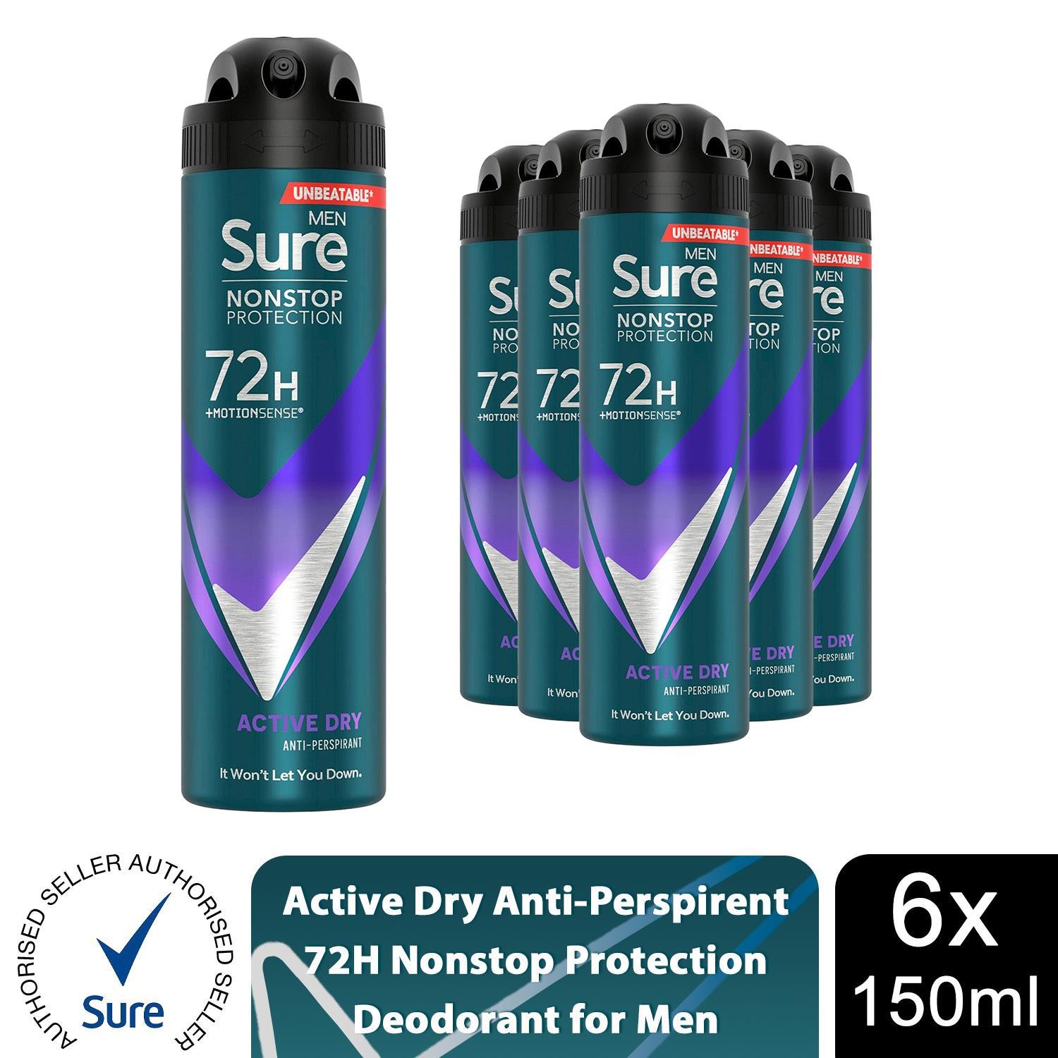 Sure Men 72H Protection 'Anti-Perspirant Deodorant' Active Dry, 6x150ml in White - Image 2