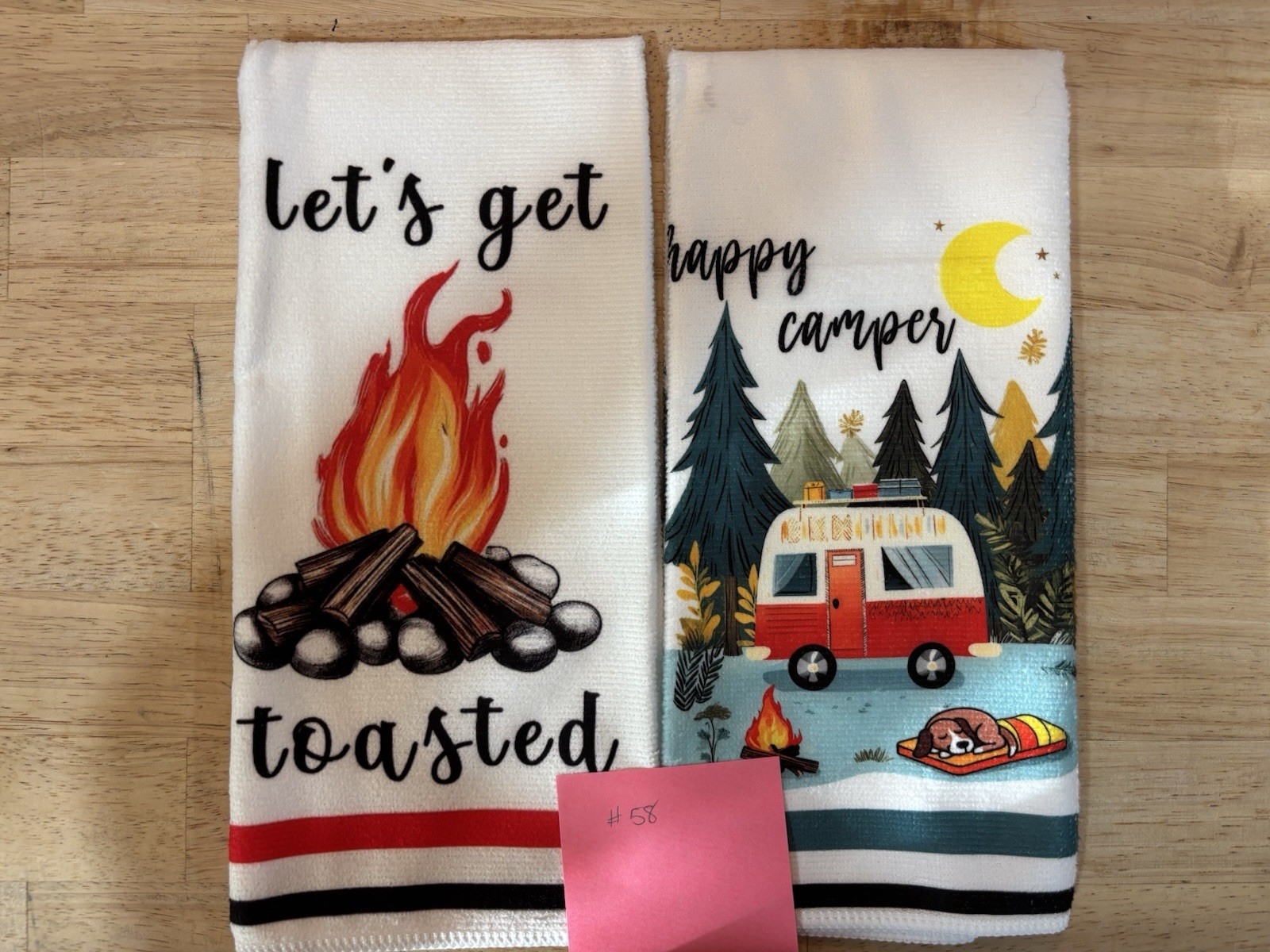 Set of 2 Cotton Kitchen Towels, Camping & Campfire Print, Wh