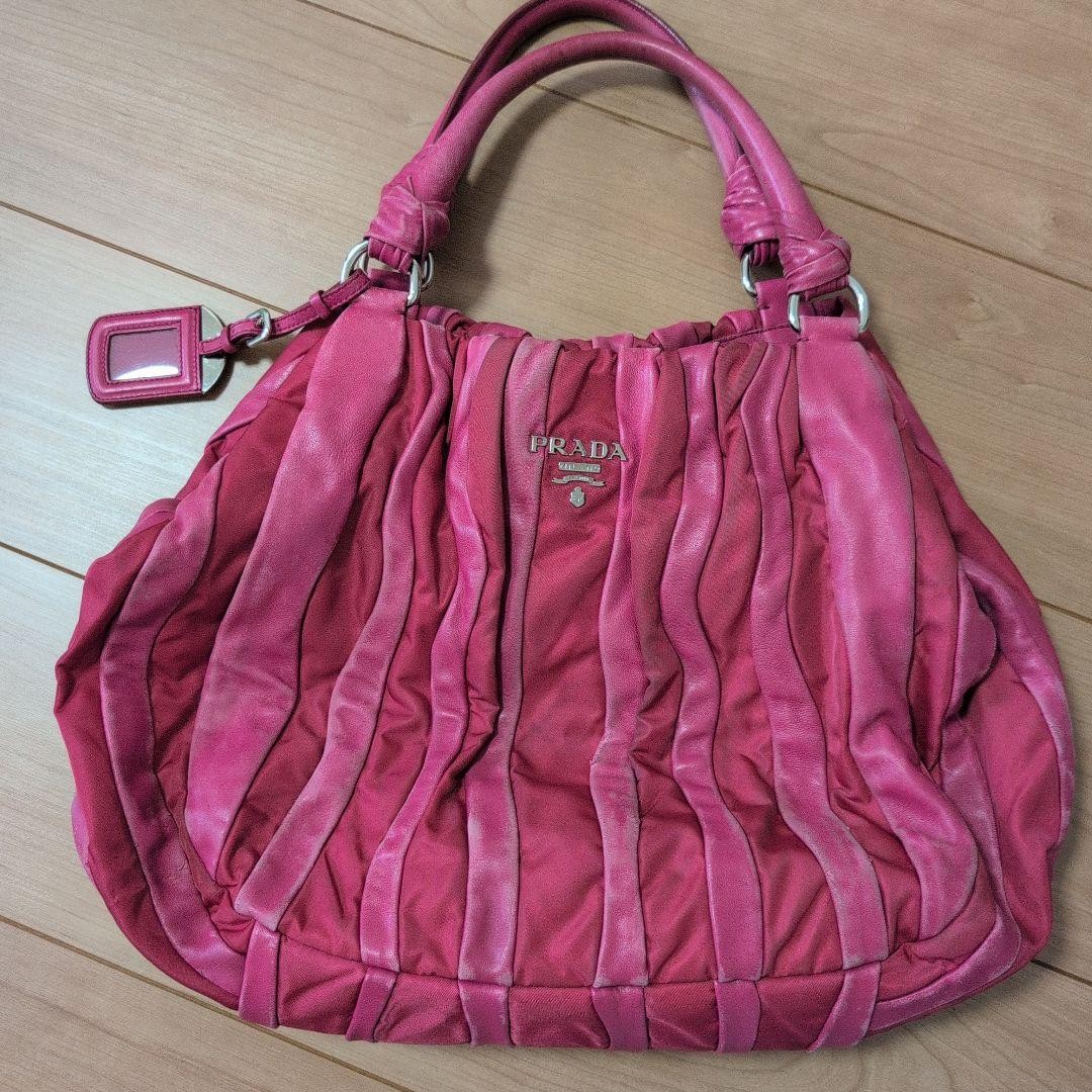 バッグ PRADA CRIMSON STRIPE LEATHER HAND BAG PRADA Crimson Pink Leather Shoulder Bag Striped Design Japan F/S