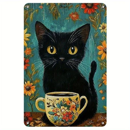 Vintage Whimsical Black Cat Painting Tin Metal Signs Home Décor 8x8