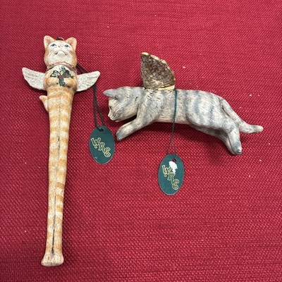 Set of 2 Vintage Walter Ridge Collectibles Ceramic Winged Cat Ornaments 1995/96