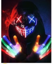 STONCH Halloween Glow Mask Skeleton Gloves Set, 3 Modes Light up Scary LED Mask