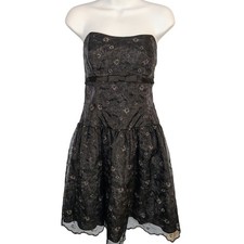 Nicole by Nicole Miller Platinum Strapless Black Silver Floral Dress Size 10 y2k