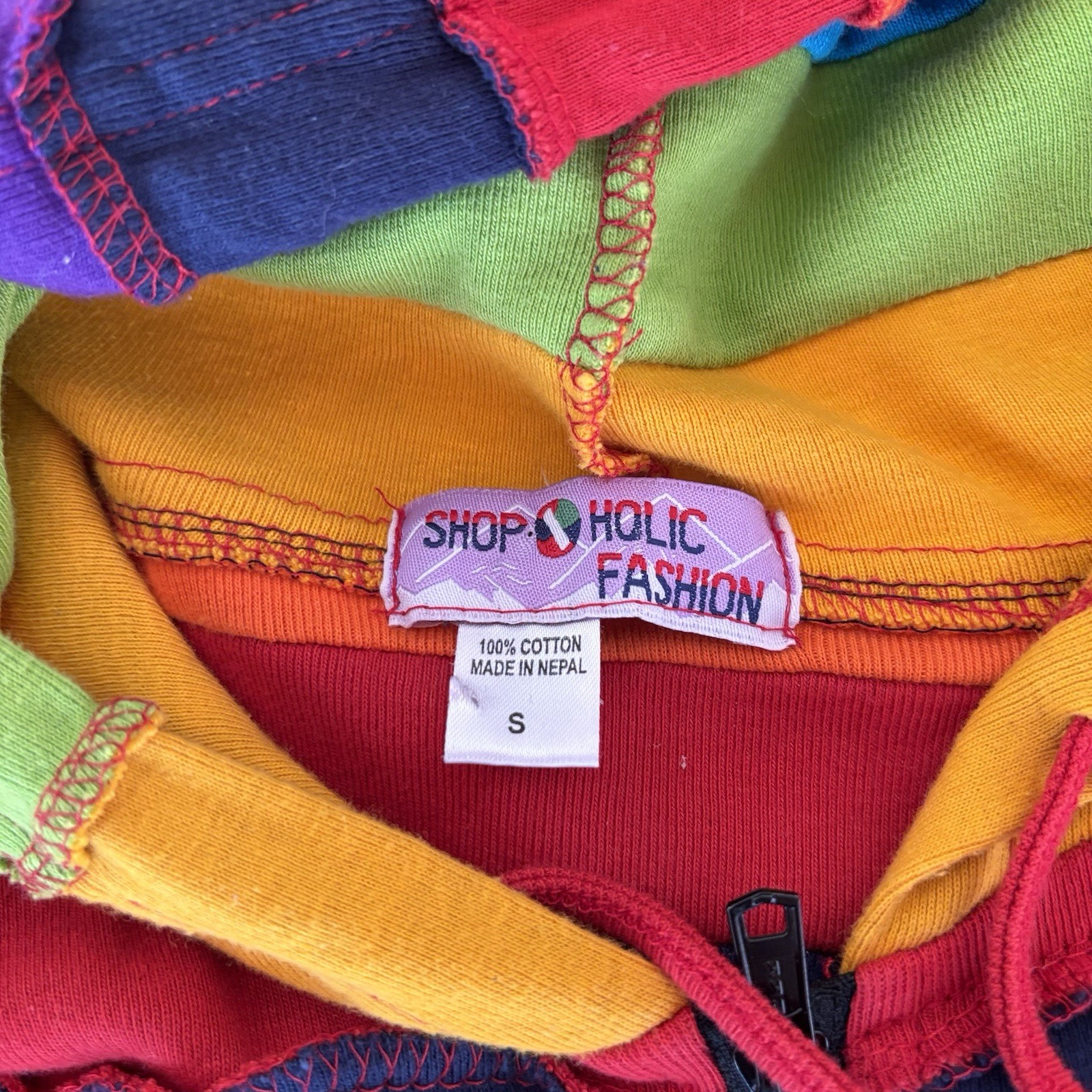 Rainbow Patchwork Fest Zip Up Pixie Hoodie Long H… - image 6