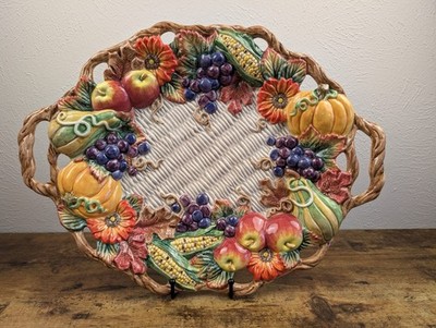 Rare Fitz & Floyd Autumn Bounty Serving Platter w/ Handles 17.5  Oval  Farmhouse