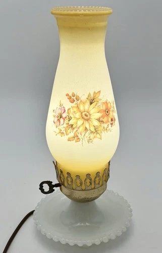 Modern Mid Century Vintage Milk Glass Hurricane Lamp -Hand Painted Floral Design