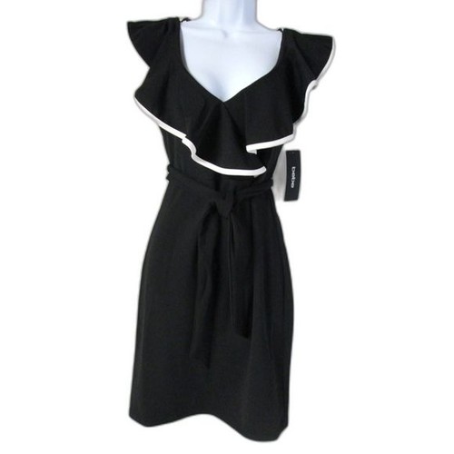 bebe Black White Dress XS Ruffle Flounce Belt Low Neck Sleeveless (RK127 RK128) - Picture 6 of 6