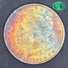 1884-CC $1 Morgan Silver Dollar GSA NGC MS62 CAC - Gorgeous Rainbow Toning