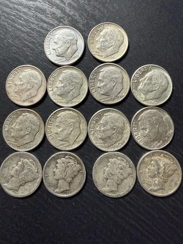 Silver Dime Lot Of 14 90% Silver  Mercury And Roosevelt 10C