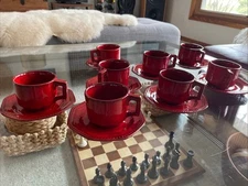 SET OF 8 Peasant Village Italy Red Cabbage Octagon Beaded Edge Cups Saucers EUC