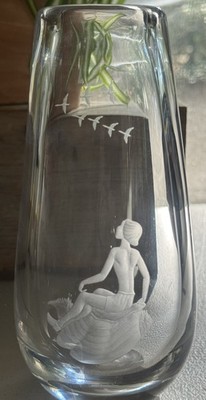 Orrefors Sweden Crystal Vase Sven Palmqvist Boy & Birds Etched Signed P2624 MCM