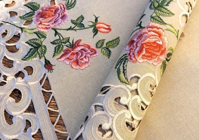 ROSEN Tischdeckenserie bestickt Cutwork, Beige Leinenoptik Läufer Kissen 6075