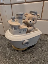 ArtMark Porcelain Music Box Figurine Bear in Tugboat Plays Anchors Away