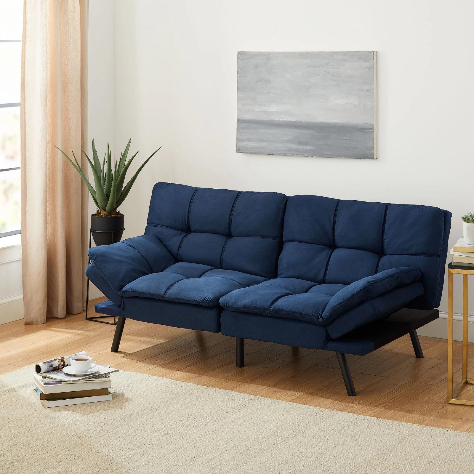 Mainstays Memory Foam Futon Blue Faux Suede Fabric
