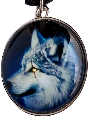 Wolfskopf * Cabochon, Halsband  Weiß - Blau - Wolf Kopf, am Hals tragen *Neu*