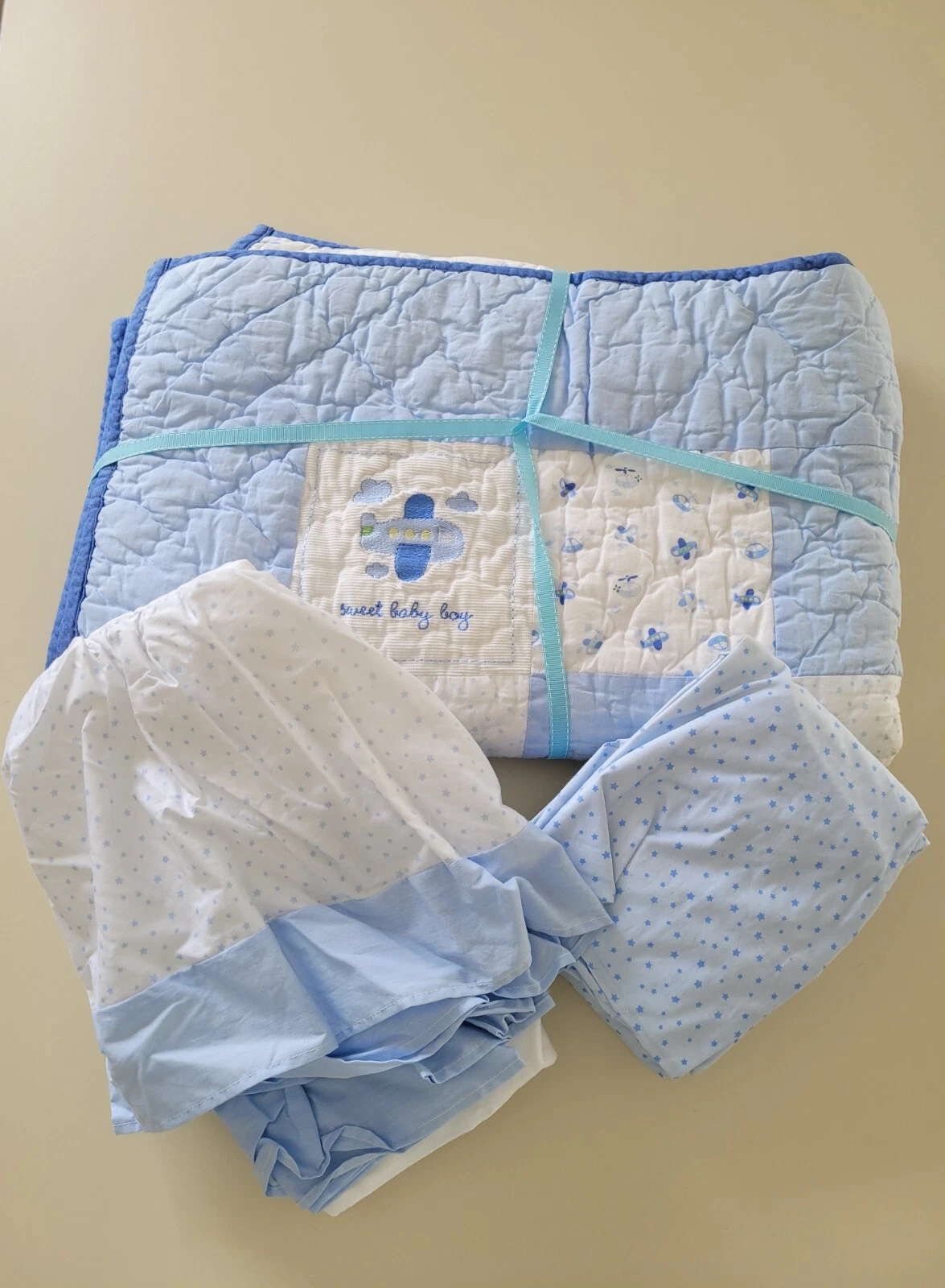 JUST ONE YEAR Carter Airplane Bear Blue Baby Crib sheet dust ruffle quilt