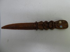 VINTAGE CARVED TIMBER TIKI STATUE LETTER OPENER KNIFE N.Z MAORI PAUA SHELL EYES