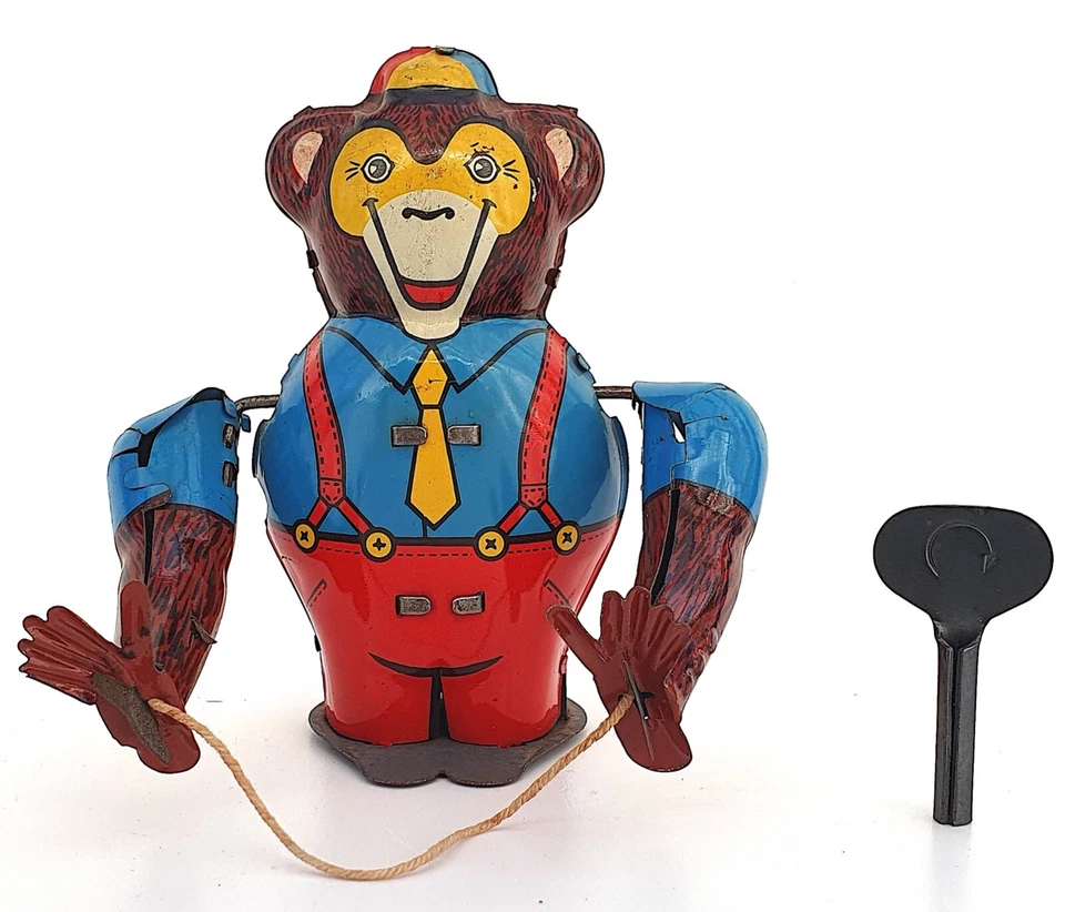 SINGE ACROBATE PIROUETTE AVEC CORDE À SAUTER   ANCIEN JOUET MÉCANIQUE FONCTIONNE - Photo 2/4