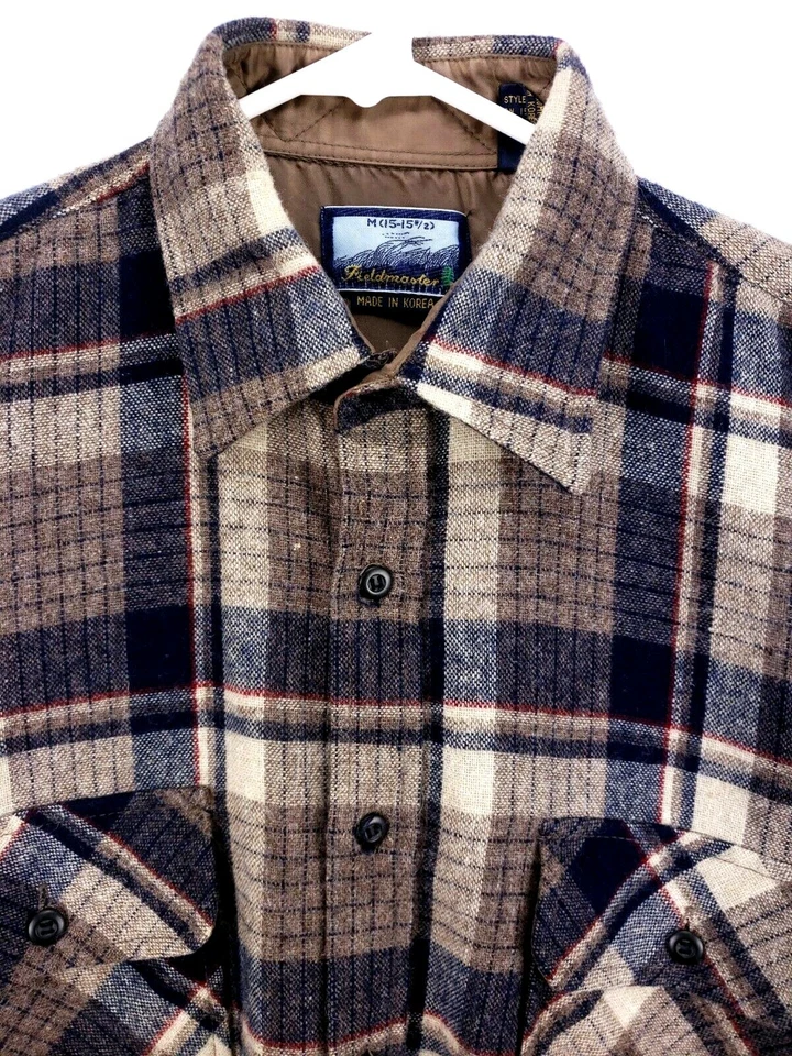 Fieldmaster Mens Shirt Size Med L/S Button Up Beige/Blue/Brown Plaid Wool Blend - Image 3 of 4