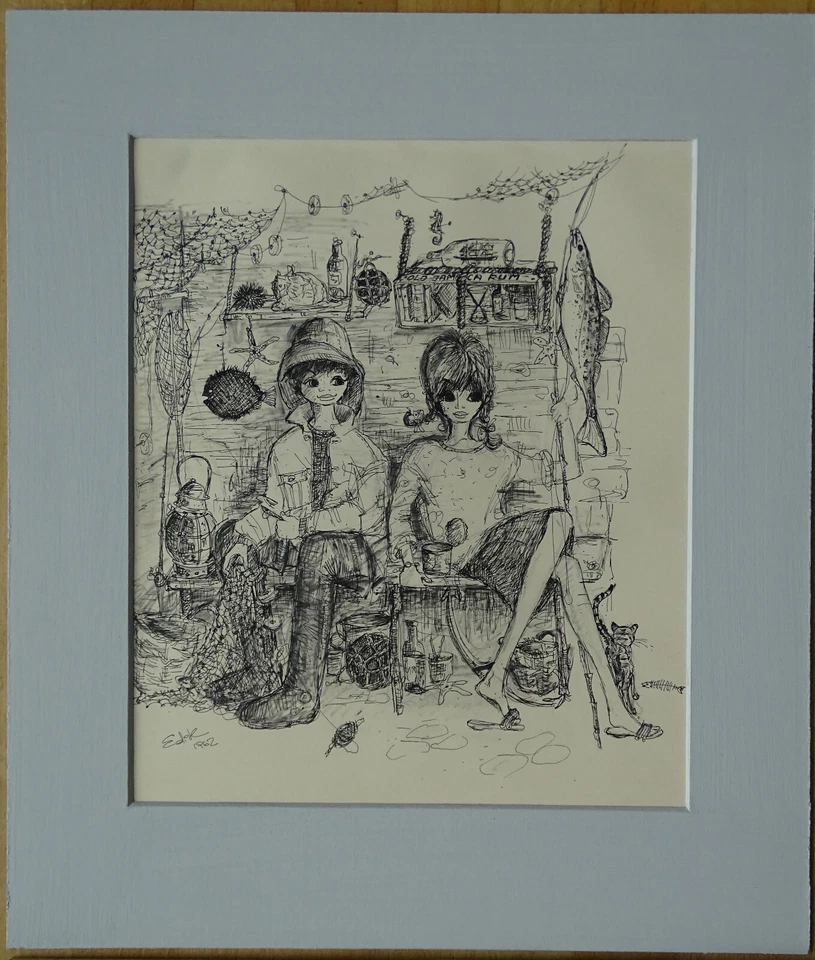 Tuschezeichnung 1962 zwei junge Fischerinnen / Anglerinnen im Hafen signiert