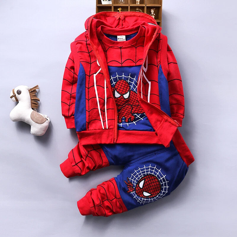 Conjunto de 3 piezas chaleco con capucha + tops + pantalones para niños pequeños bebés niños Spider-Man  Foto 3 de 4