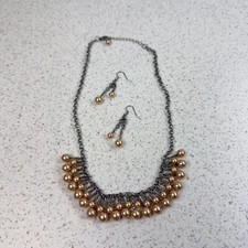 Shiny Champagne Peach Faux Pearl Bead Fringe Bib Collar Necklace Earring Set