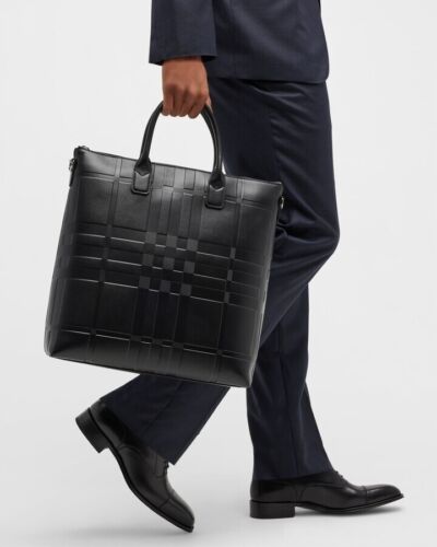 Auth. NEW BURBERRY UNI Men Black STIRLING EMBOSSED Check Leather Travel Tote Bag