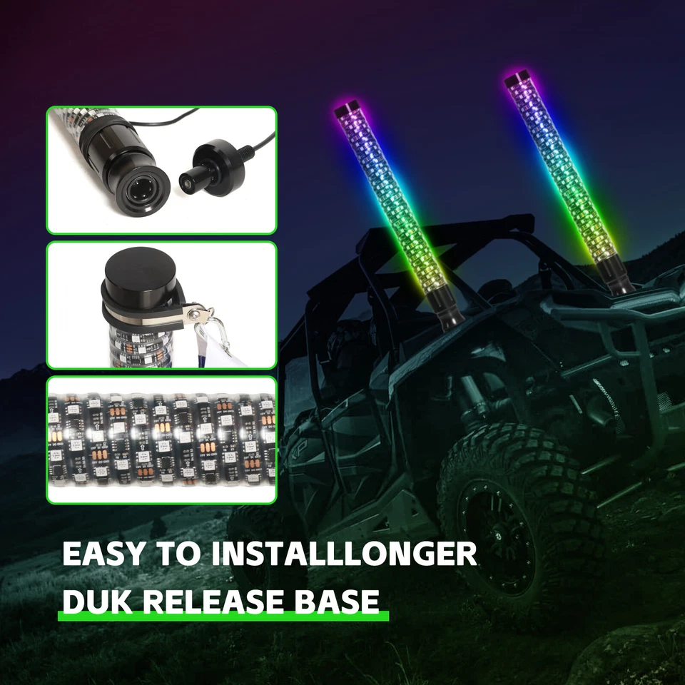 Pair Fat Whips 2'' Thick LED Whip Spiral Chasing RGB Whip Lights FAT 2FT UTV ATV - Image 4 of 4