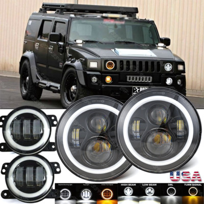 Fit Hummer H3 H3T 06-10 7'' INCH Halo LED Headlight DRL & 4'' Fog Lights Combo Kit