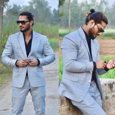 Blue Men Plaid Suits 2 Pieces Party Groom Wedding Business Checked Jacket Pants
