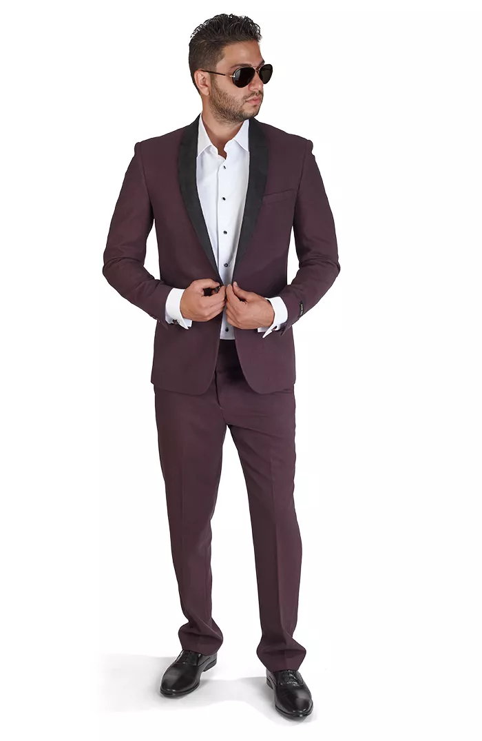 Slim Fit Men Suit Burgundy 1 Button Shawl Suede Collar Lapel