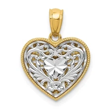 14K Two-tone Gold Polished Diamond-cut Reversible Heart Pendant Gift for Her