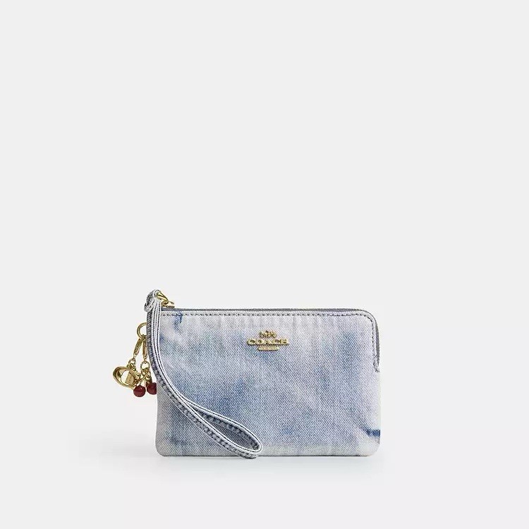 NWT Coach Corner Zip Wristlet Loved Denim With Charms CEF82 Gold