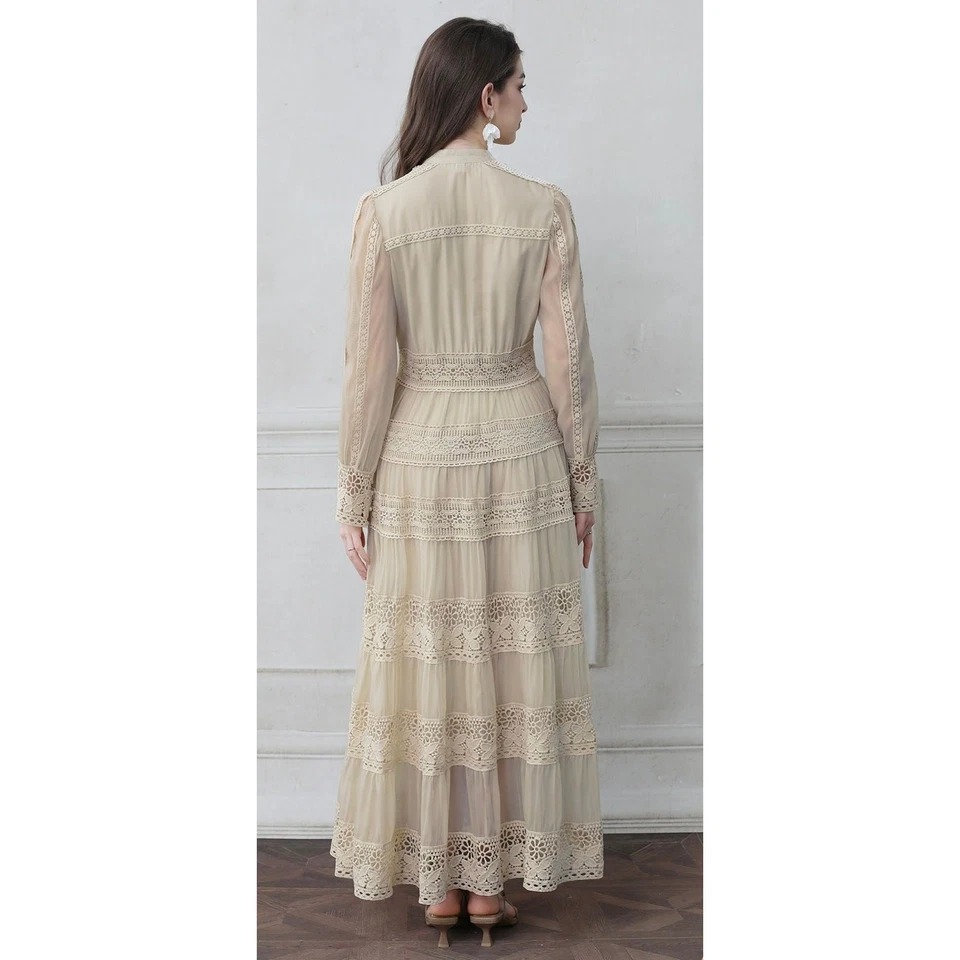 Savvy Elegance Womens Boho Maxi Cream Dress Size Medium Lace Ruffles Fairy - Image 2 of 4