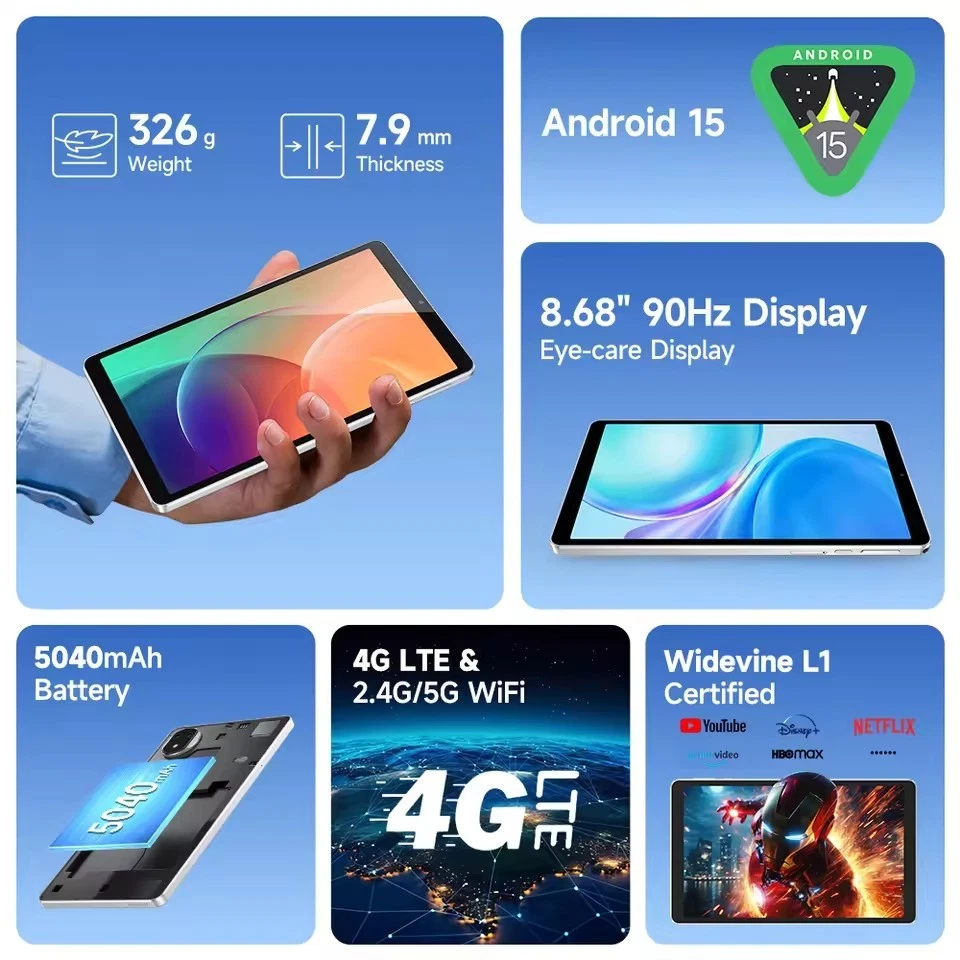 Ulefone Tab A9 Pro 4G Tablet MTK Helio G91 Android 15 5040mAh 8.68'' 8GB+128GB - Image 4 of 4