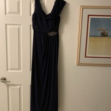 Alex Evenings Navy Blue Beaded Ruched Gown Size 8 Elegant Evening Maxi Dress