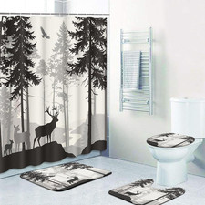 Bathroom Sets with Shower Curtain and Rugs, Set of 4, Pine Deer