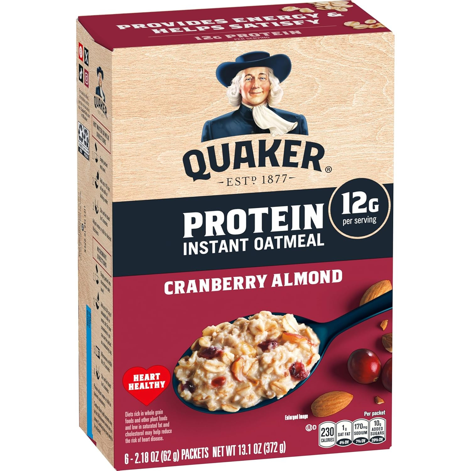 Protein Instant Oatmeal, Cranberry Almond, 12g Protein per Serving, Whole Grains
